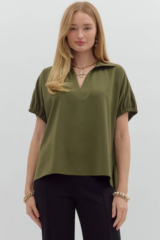 Solid Split Collar Elastic Sleeve Top