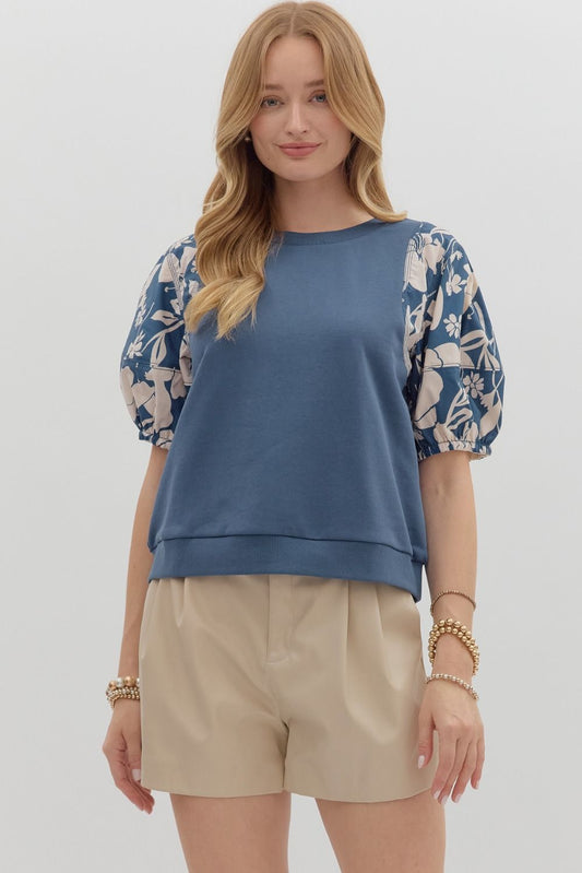 Solid Top w/Floral Puff Sleeve-Blue