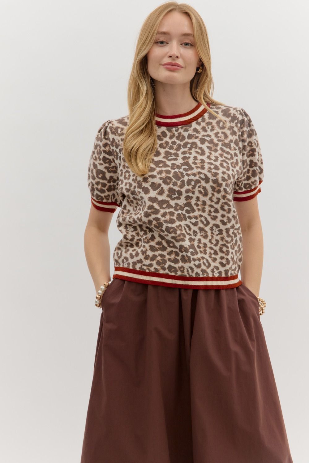 Leopard Puff Sleeve Sweater w/Striped Trim