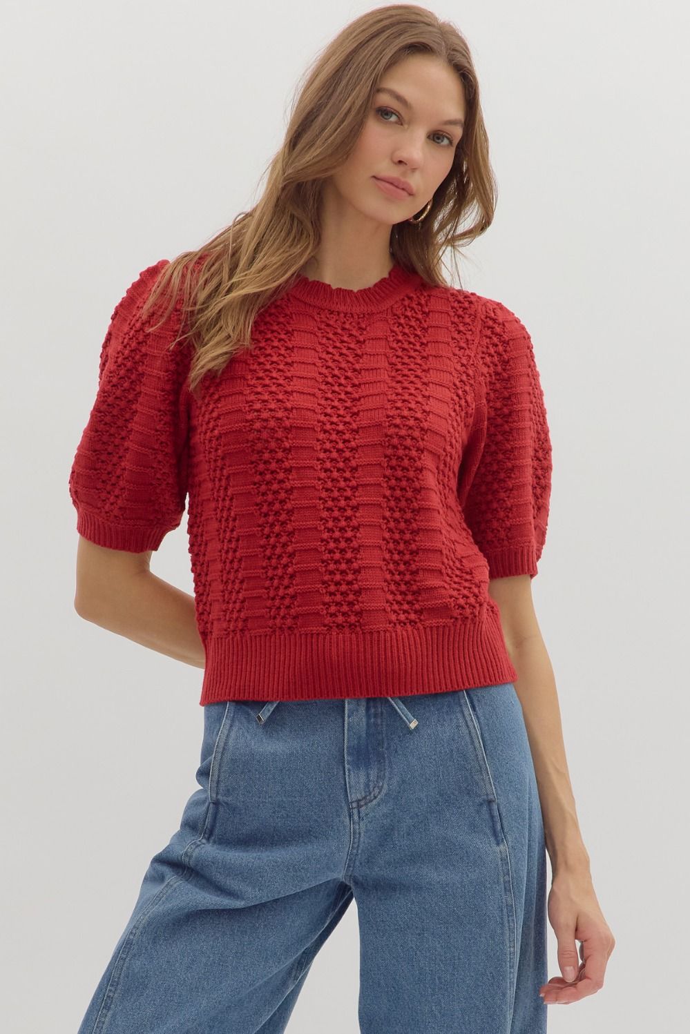 Textured Solid Puff Short Sleeve Sweater