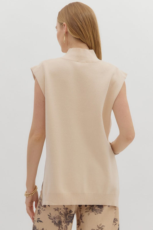 Solid Mock Neck Hi-Low Sweater-Oatmeal