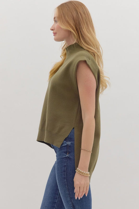 Solid Mock Neck Hi-Low Sweater-Olive