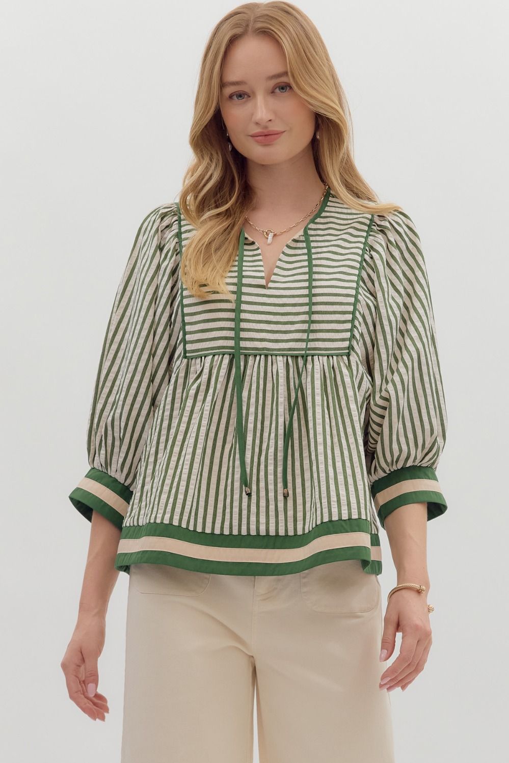 Striped 3/4 Sleeve Top w/Contrast Stripe Trim
