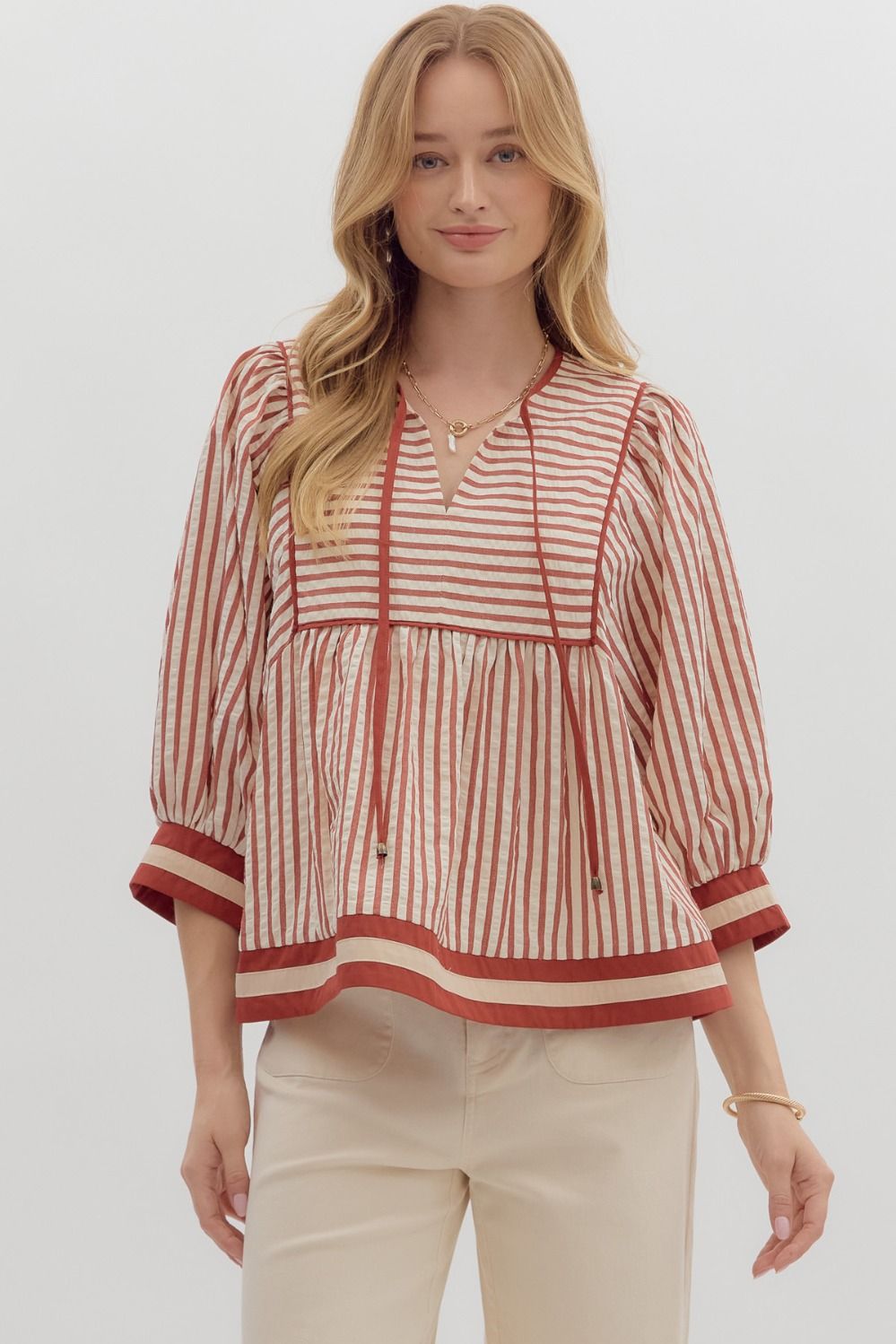 Striped 3/4 Sleeve Top w/Contrast Stripe Trim