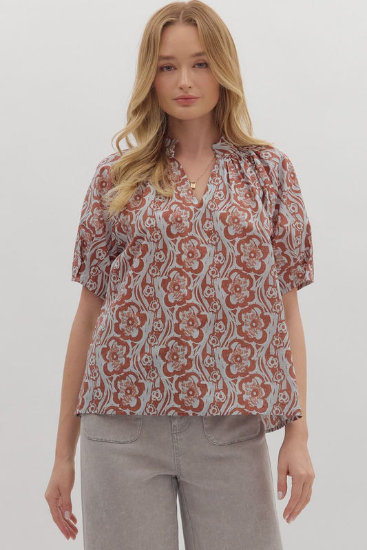 Wavy Floral V-Neck Pleated Sleeve Top