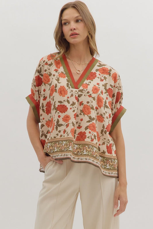 Floral V-Neck Border Print Top-Ecru