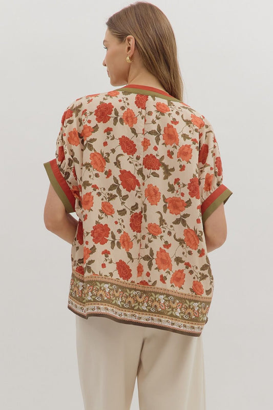 Floral V-Neck Border Print Top-Ecru