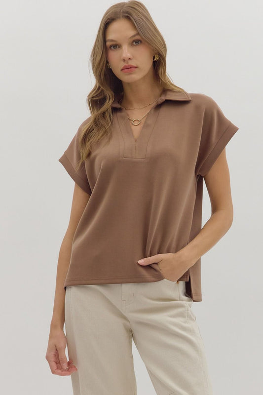 Solid V-Neck Collared Knit Top