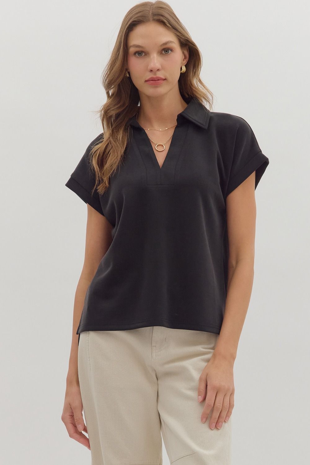 Solid V-Neck Collared Knit Top