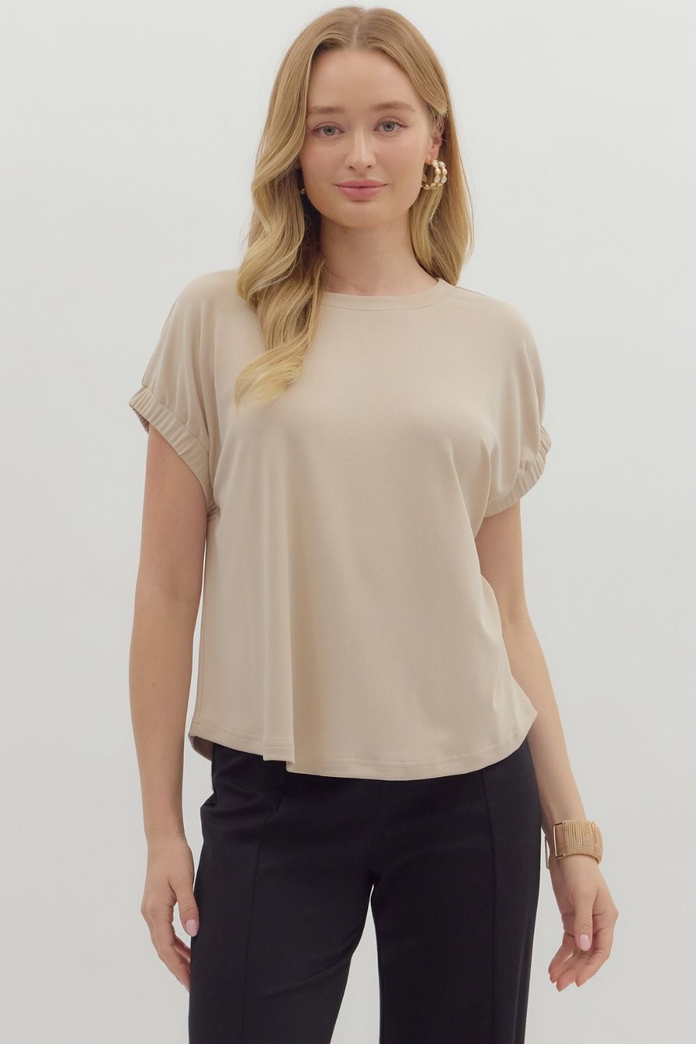 Solid Round Neck Jersey Top w/ Elastic Sleeves