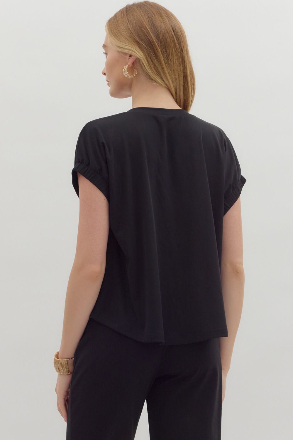 Solid Round Neck Jersey Top w/ Elastic Sleeves