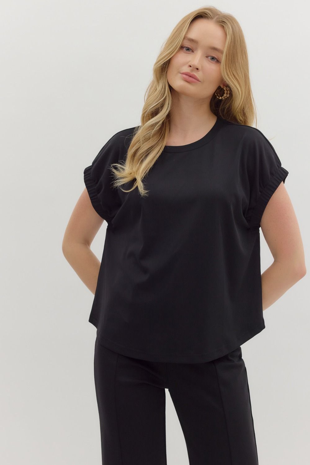 Solid Round Neck Jersey Top w/ Elastic Sleeves