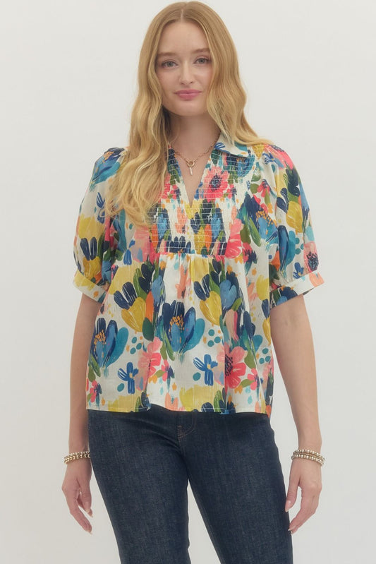 Floral Smocked Yoke Collared Puff Band Sleeve Top