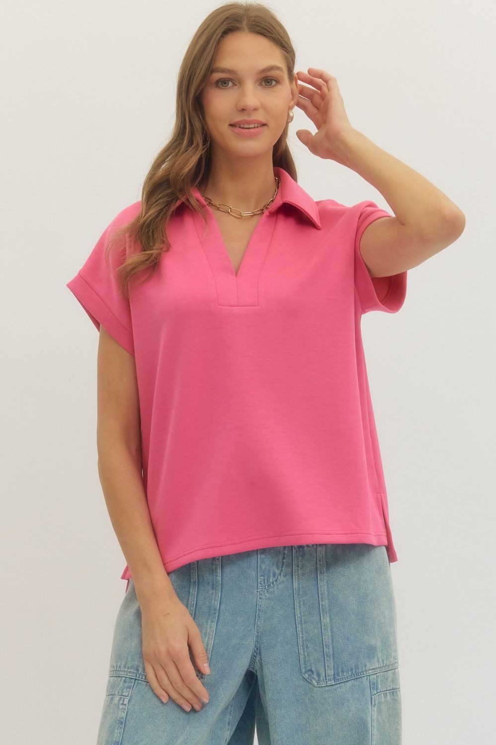 Solid Collared V-Neck Side Slit Top