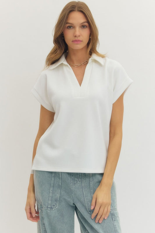 Solid Collared V-Neck Side Slit Top