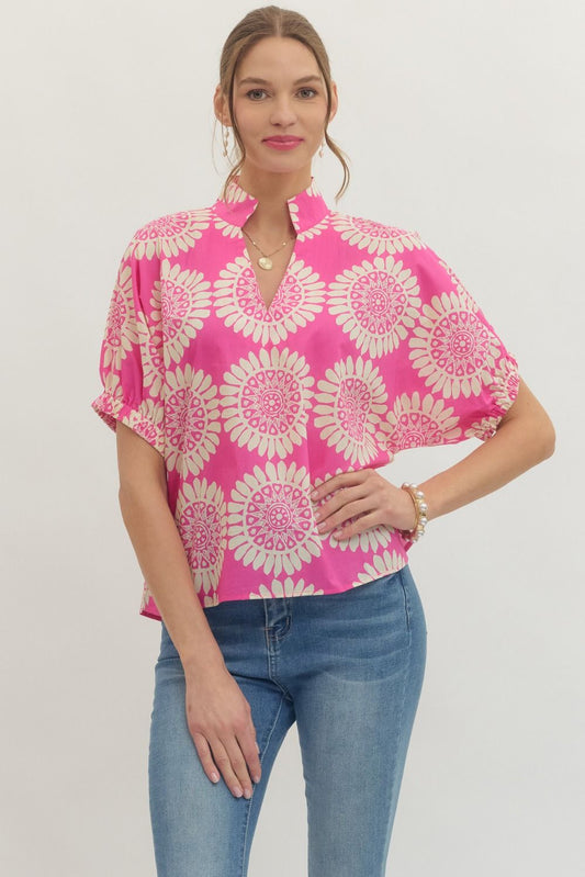 Medallion Print Elastic Sleeve V-neck Top-Pink