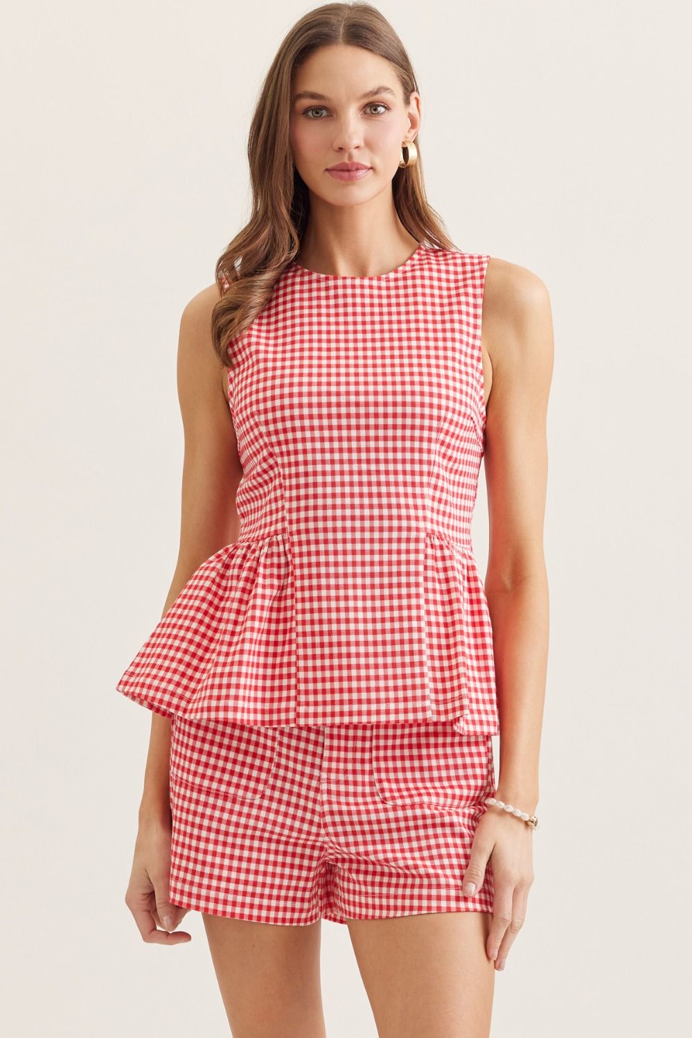 Gingham Sleeveless Peplum Top-Red