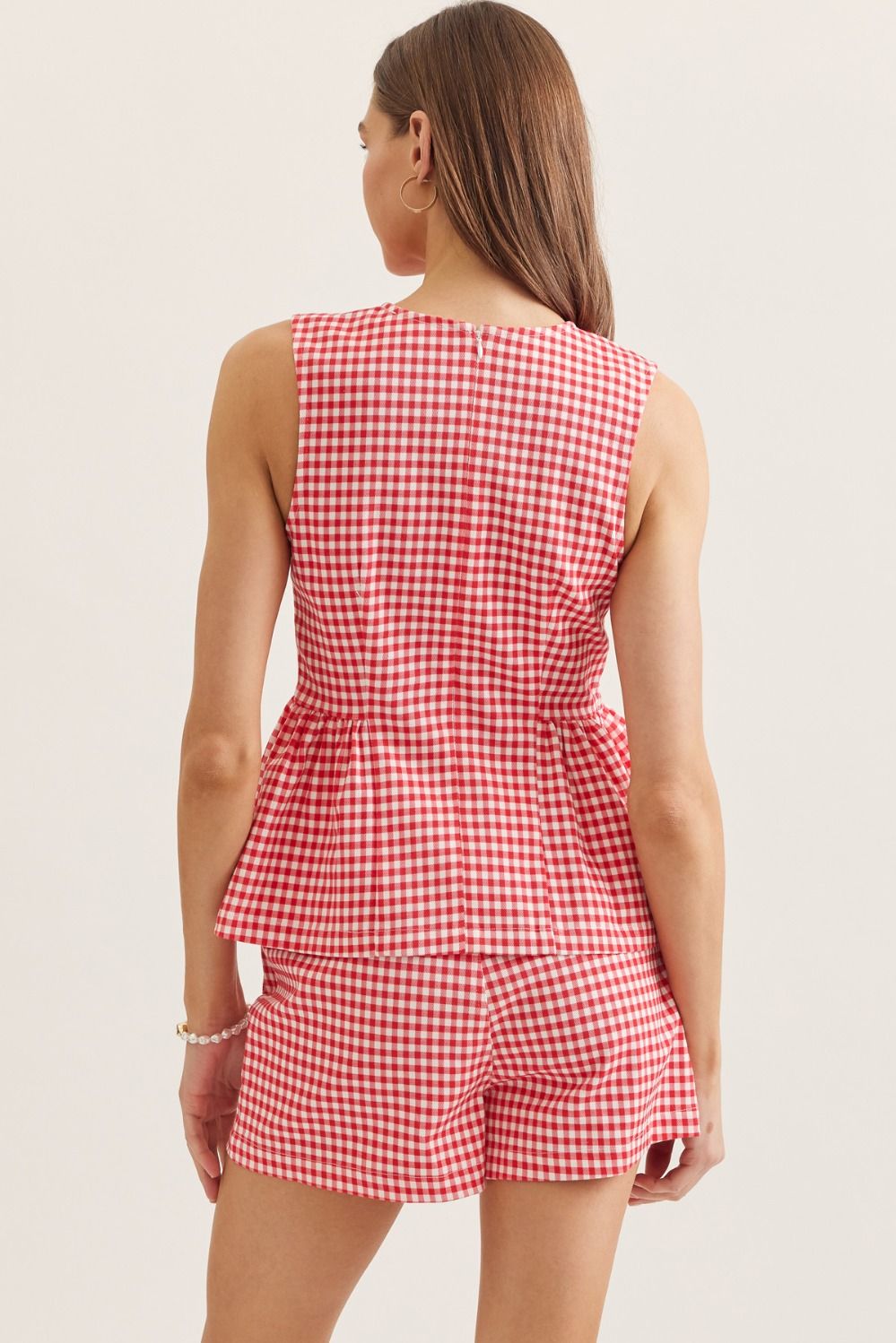 Gingham Sleeveless Peplum Top-Red