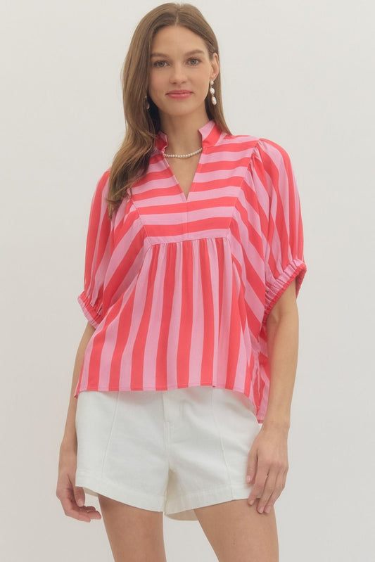 Striped Elastic Sleeve V-Neck Top-Pink