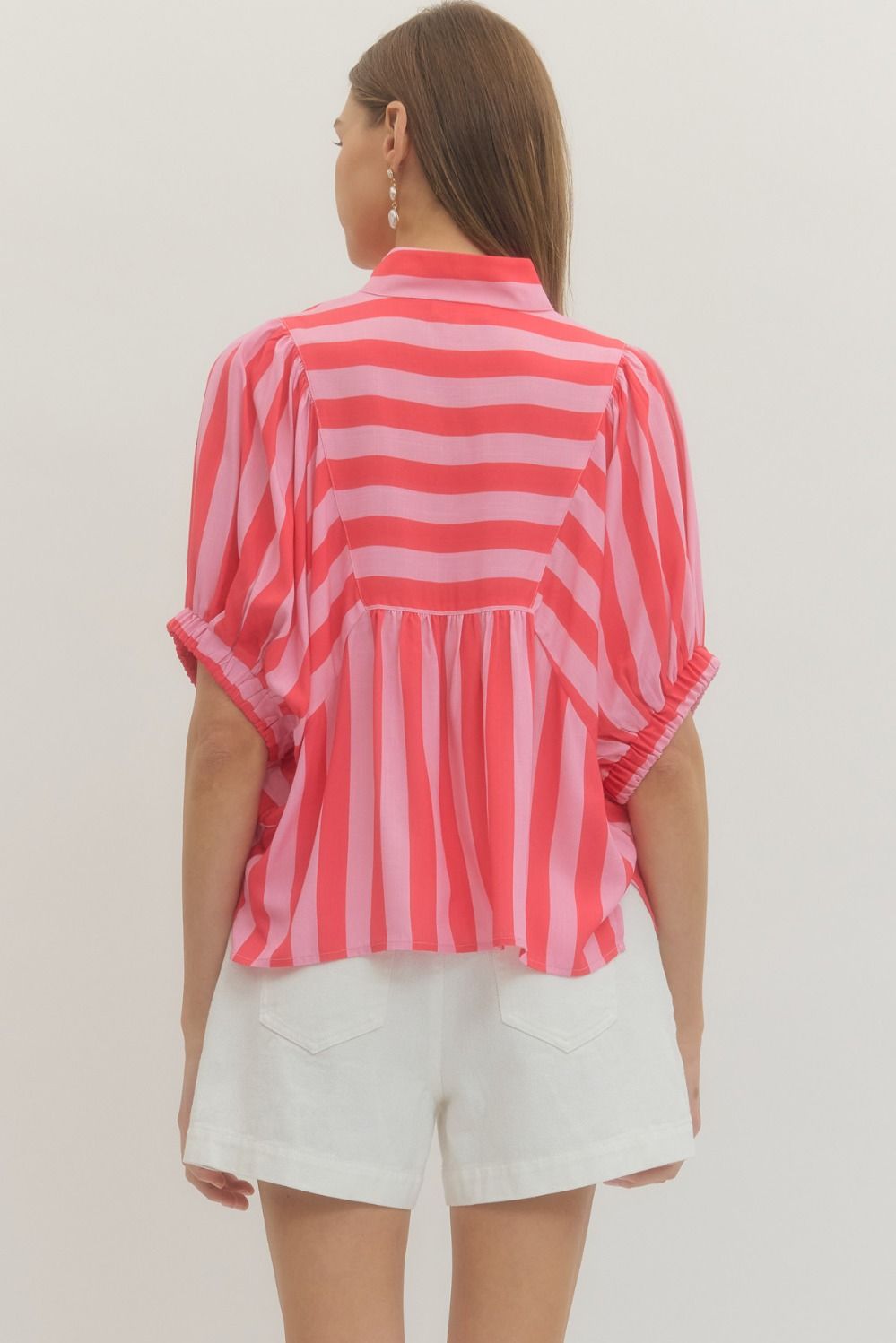 Striped Elastic Sleeve V-Neck Top-Pink