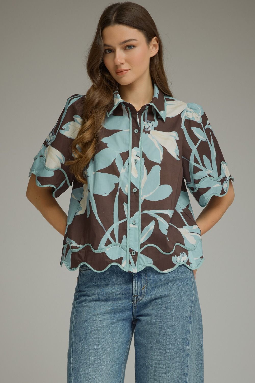 Floral Stem Button Collared Scallop Hem Top-Brown