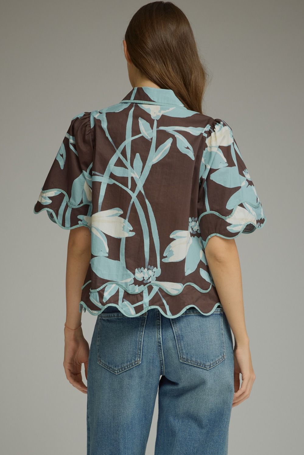 Floral Stem Button Collared Scallop Hem Top-Brown