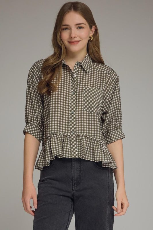 Gingham Collared Button Peplum Hem Top
