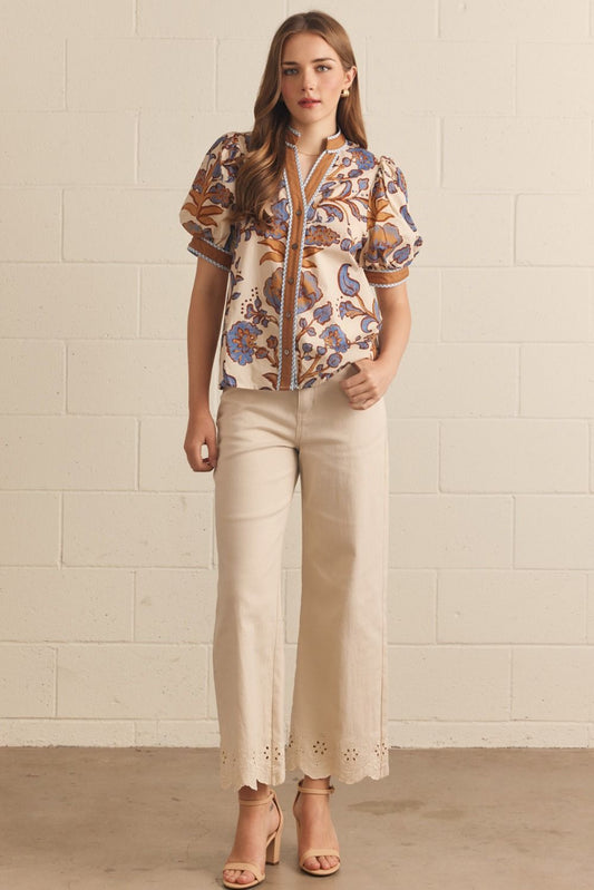 Floral Button Contrast Placket Puff Sleeve Top-Ecru