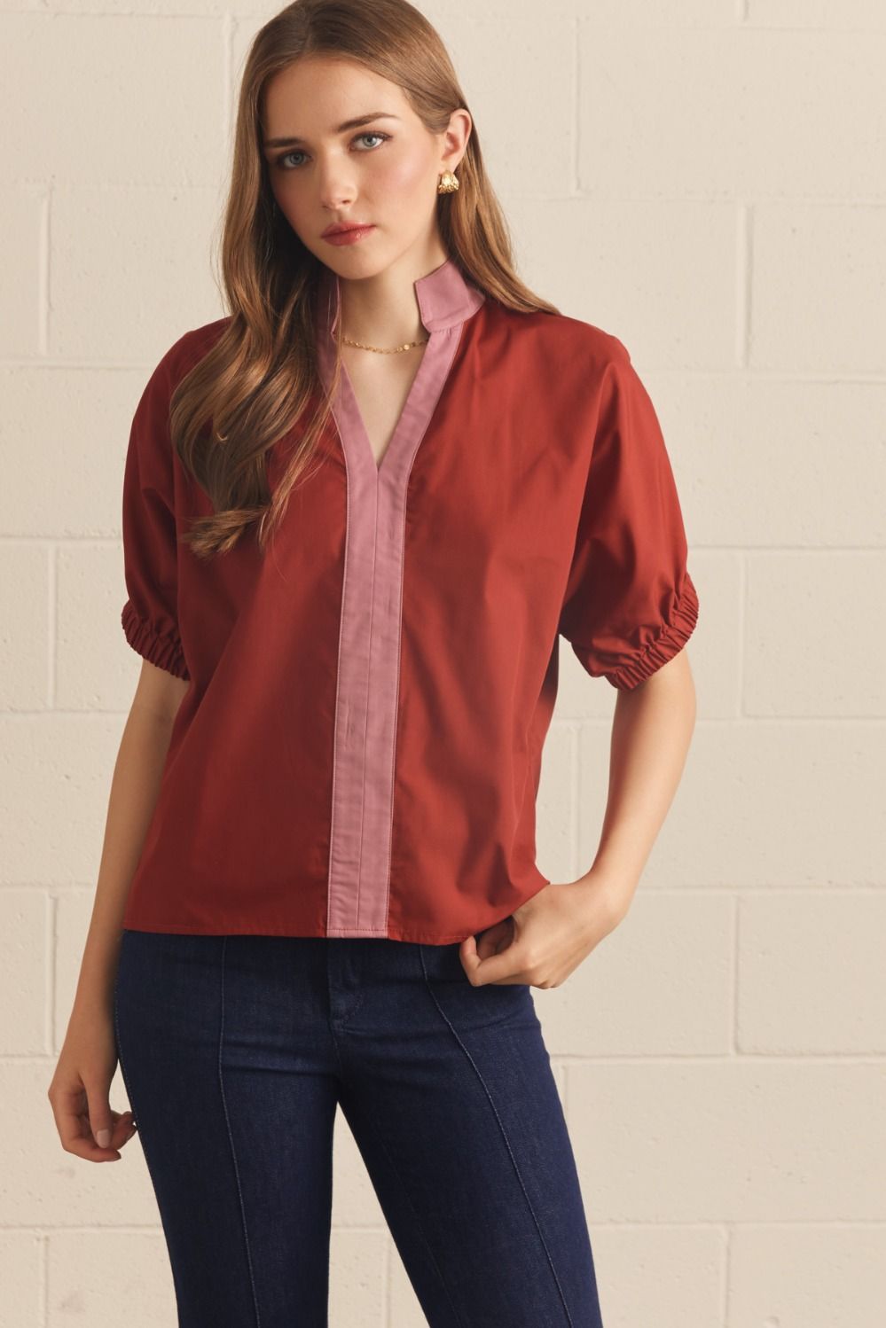 Contrast Stripe Collared Elastic Sleeve Top