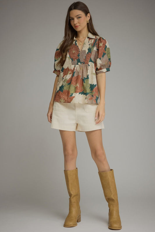 Floral Collared Shirred Yoke Puff Sleeve Top-Teal