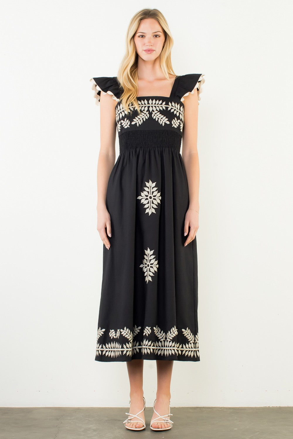 Flutter Strap Embroidered Smocked Waist Midi Dress-Blk