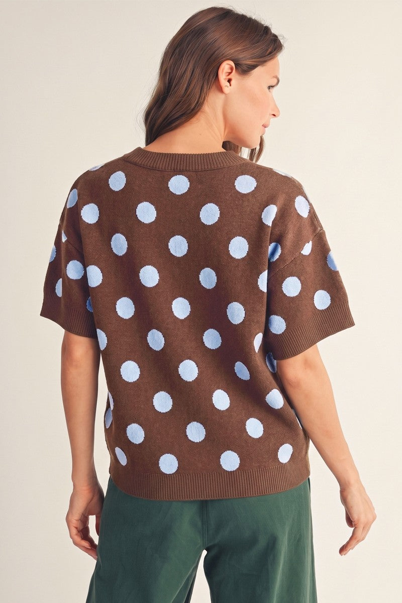 Polka Dot Short Sleeve Sweater-Brown/Blue