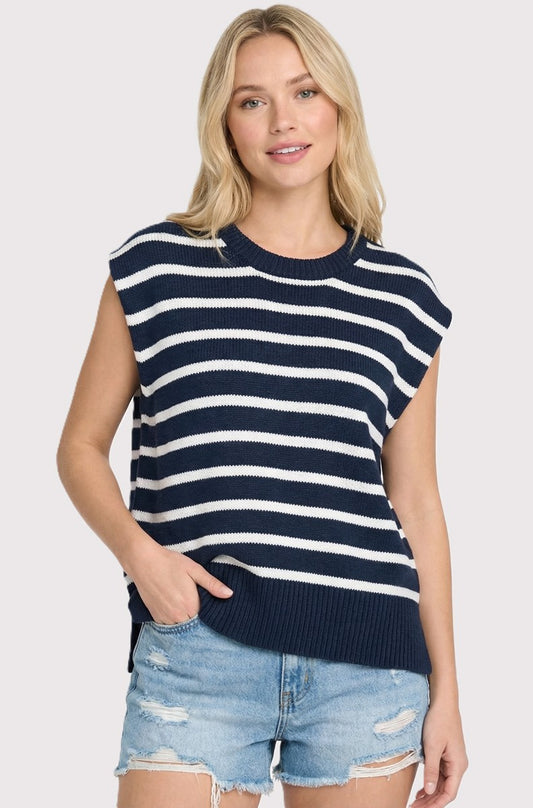 Striped Cap Sleeve Wide Band Sweater-Navy
