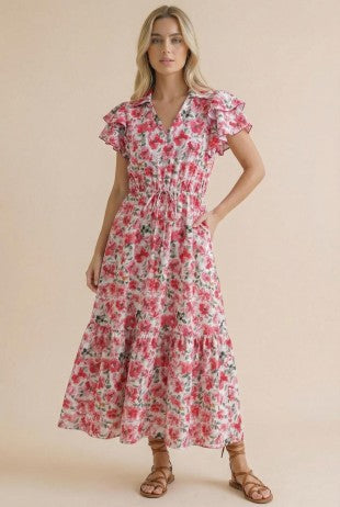 Floral Collared Drawstring Waist Maxi Dress-Pink