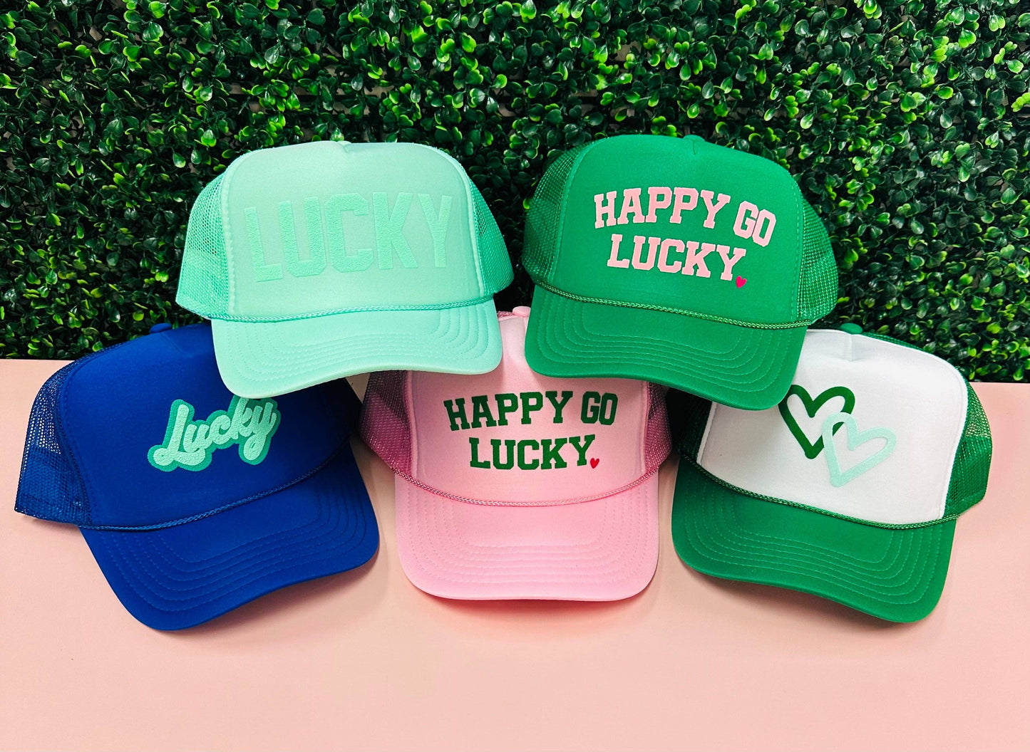 Happy Go Lucky - Light Pink Trucker Hat