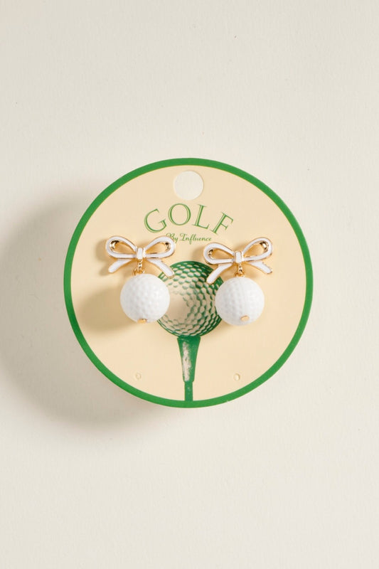 3D Golf Ball Drop Bow Earring-Wht