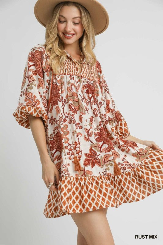 Floral Mixed Print 3/4 Sleeve Ruffle Hem Dress-Rust
