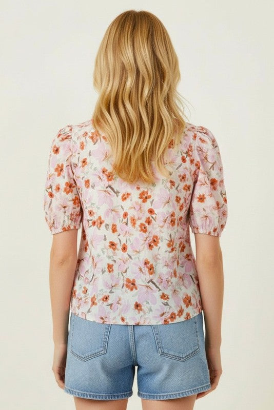 Floral Contrast Stripe Neck Banded Sleeve Top