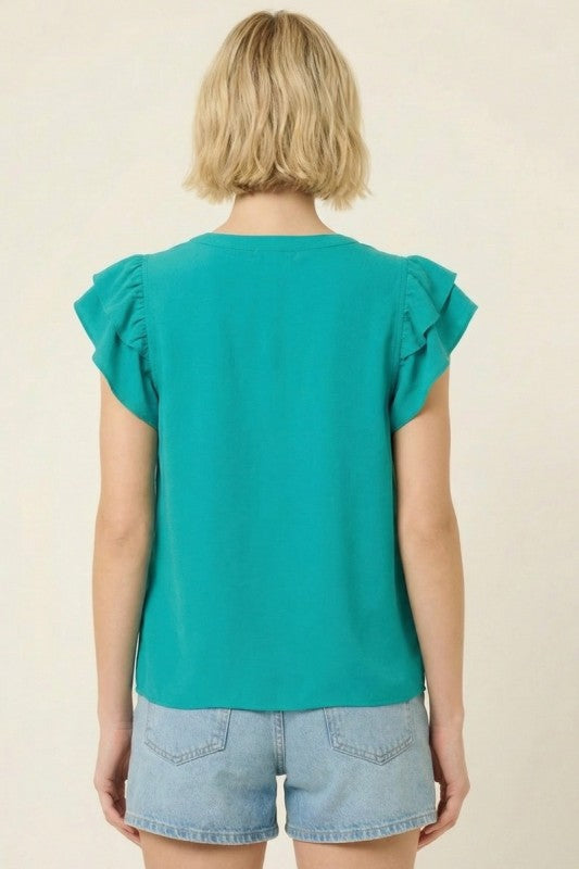 Floral Solid Contrast Trim Ruffle Sleeve Top