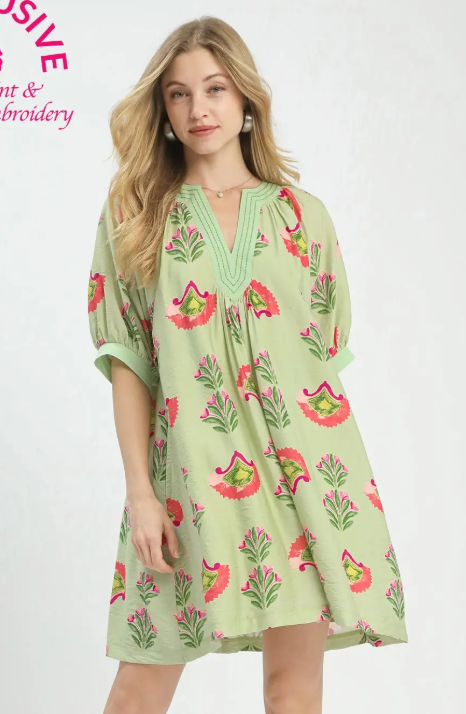 Fan Flower Print Puff Sleeve V-Neck Dress-Sage