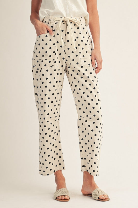 Polka Dot Drawstring Barrel Pant-Beige