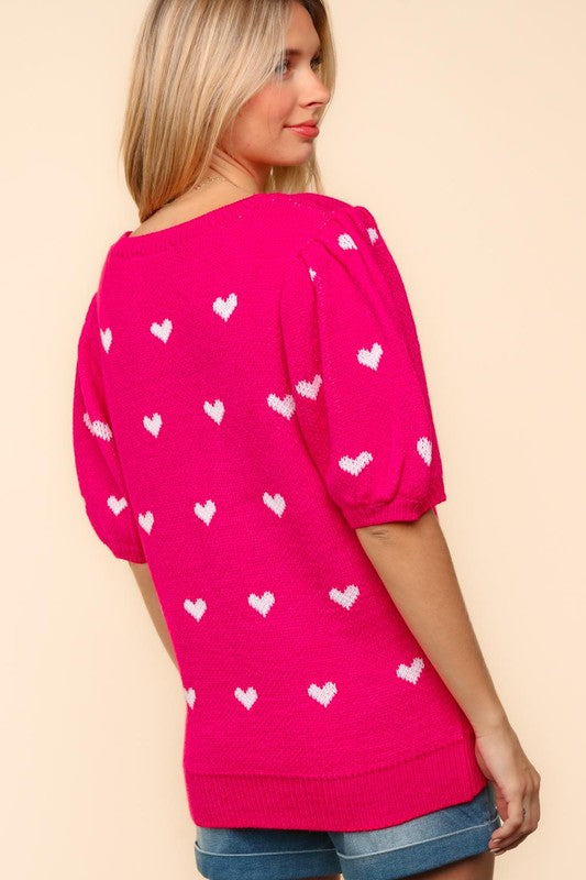 Hearts Round Neck Bubble Sleeve Sweater-Fuchsia