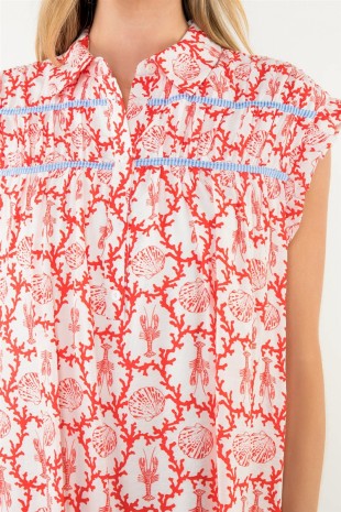 Coastal Collared Button Placket Ruffle Cap Sleeve Dress-Red