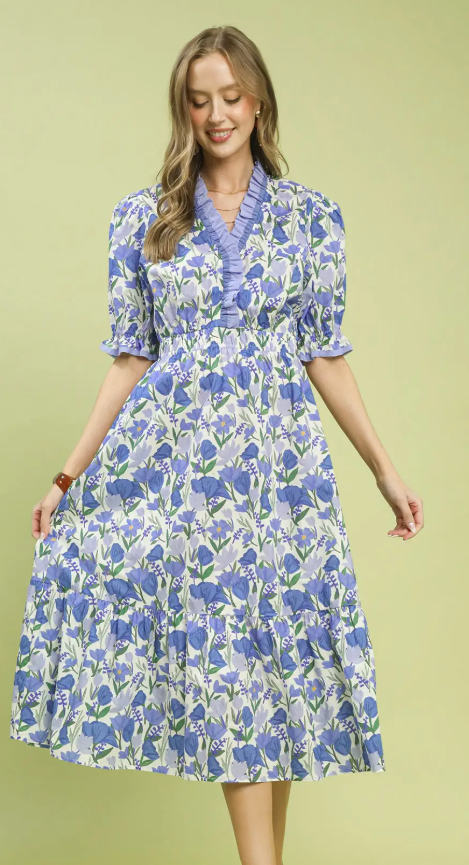 Floral Puff Sleeve Ruffled Neck Midi Dress-Blue