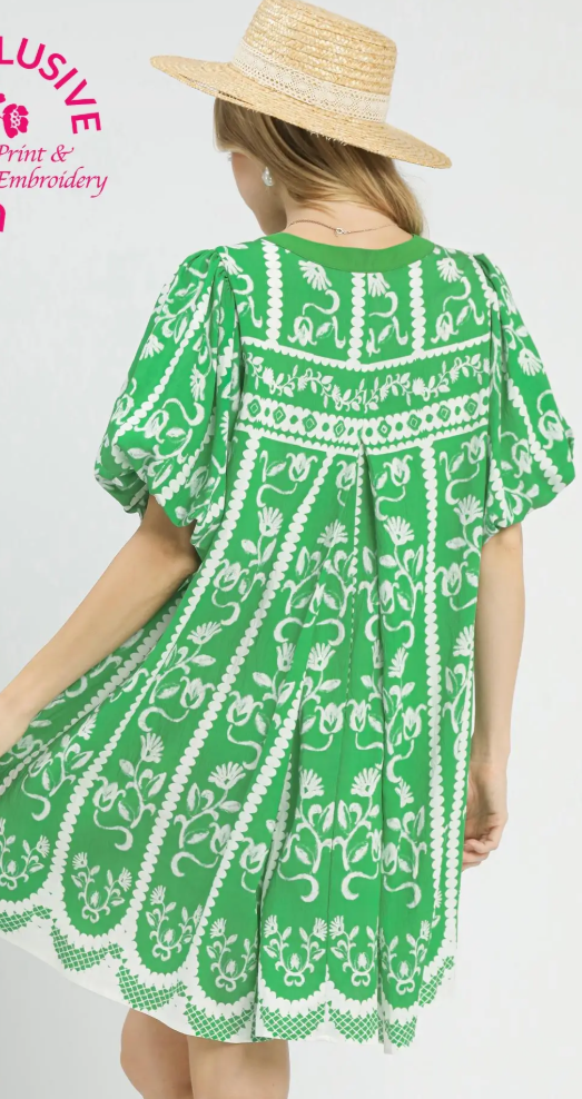 Floral Border Print Split Neck Puff Sleeve Dress