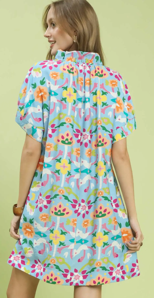 Folk Art Print V-Neck Shift Dress