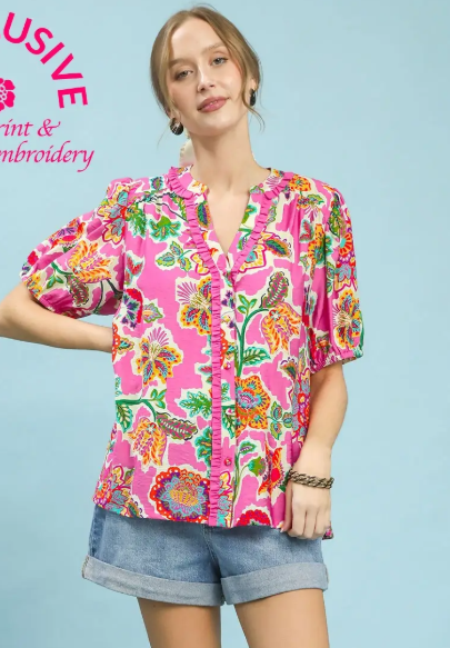 Floral Ruffle Trim Button Placket Top-Pink