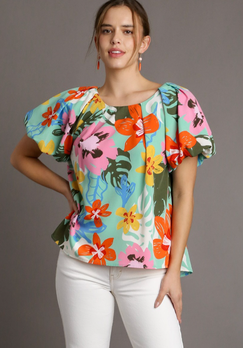 Floral Pleated Puff Sleeve Top - Mint