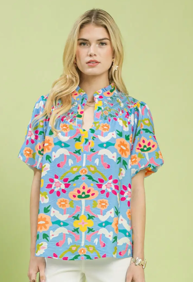 Folk Art Print Smocked Neck Puff Sleeve Top-Blue