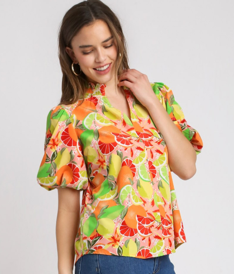 Fruit Print Split Neck Puff Sleeve Top-Orange